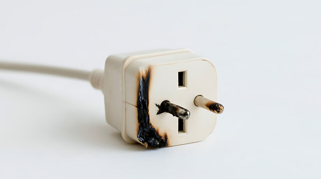 Damaged electrical plug with burn marks and melted plastic isolated on white background, risk of fire hazard, safety problem in home