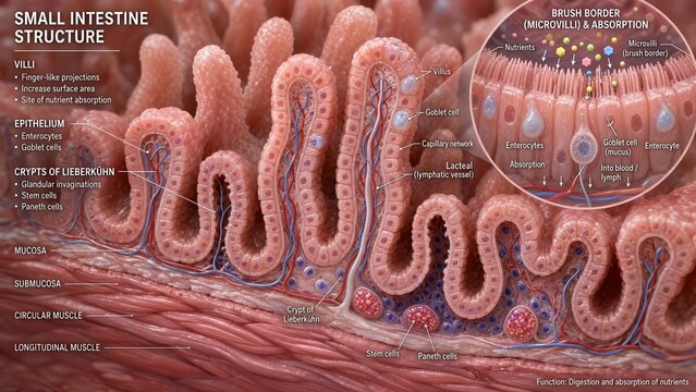 3d medical illustration of small intestine model showing villi with enterocytes and goblet cells, plus crypts of lieberkuehn containing intestinal stem cells and protective paneth cells
