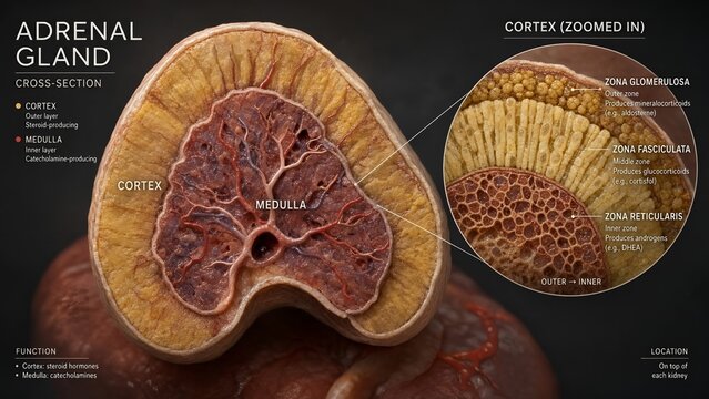 3d medical illustration of adrenal gland cross-section showing outer cortex and inner medulla with zoomed inset detailing zona glomerulosa, zona fasciculata, and zona reticularis zones