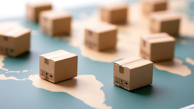 Cardboard parcel boxes placed on a world map background, representing global logistics, international trade, and e-commerce delivery