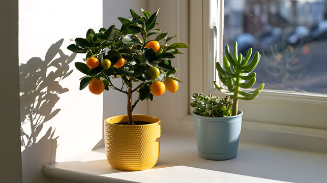 Potted calamondin orange tree Citrus mitis and green succulent plant on a bright window sill with natural sunlight and shadow casting