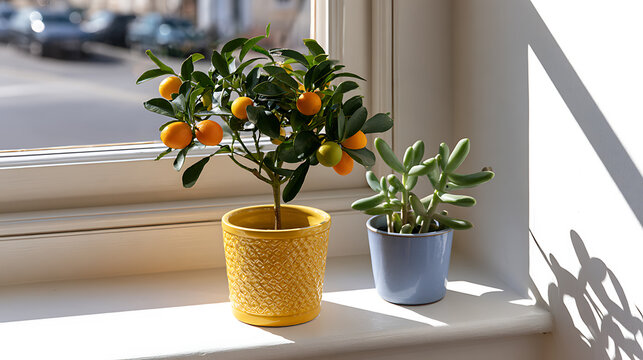Potted calamondin orange tree Citrus mitis and succulent plant on a sunny indoor windowsill with natural light and soft shadow patterns