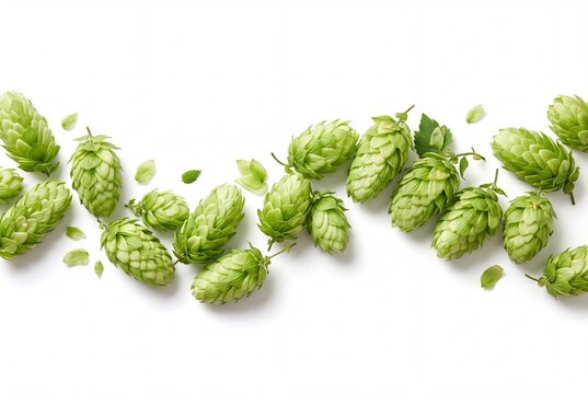 Fresh green hop cones arranged in horizontal wave on white background
