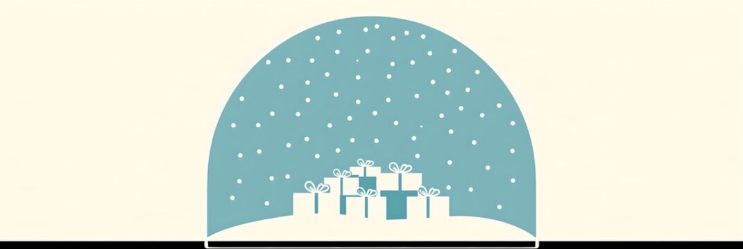 Minimal flat snow dome illustration with a teal arc, falling snowflakes and white gift boxes on a snowy hill, simple winter holiday design on a cream background