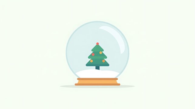 Flat illustration of a snow globe with a small green Christmas tree and baubles in white snow on a wooden base, minimal holiday design on a cream background