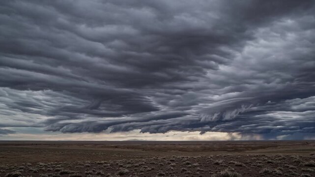 Vast prairie under mammatus storm clouds, cinematic low light revealing distant rain shaft, heavy layered cloud formation rolling across empty plains, moody palette with dramatic horizon