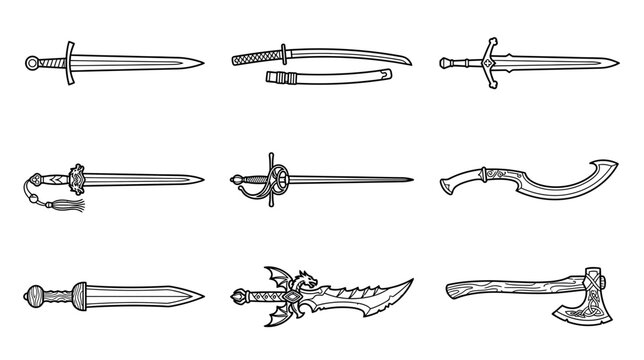 Collection of Isolated Fantasy and Historical Swords and Axe