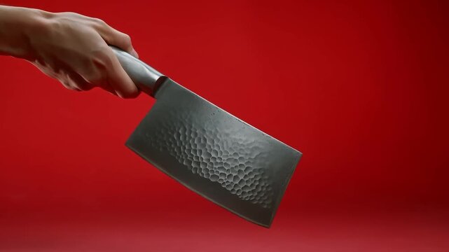 Hand holds a textured stainless steel cleaver horizontally against a plain red background