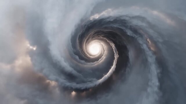 Spiral cloud formation swirls around a bright center in a dark, overcast sky