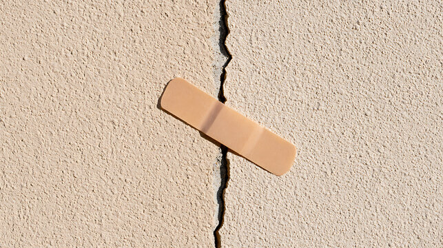 Adhesive bandage fix a large crack on a textured concrete wall, symbolize temporary solution, quick fix, damage repair, and safety care