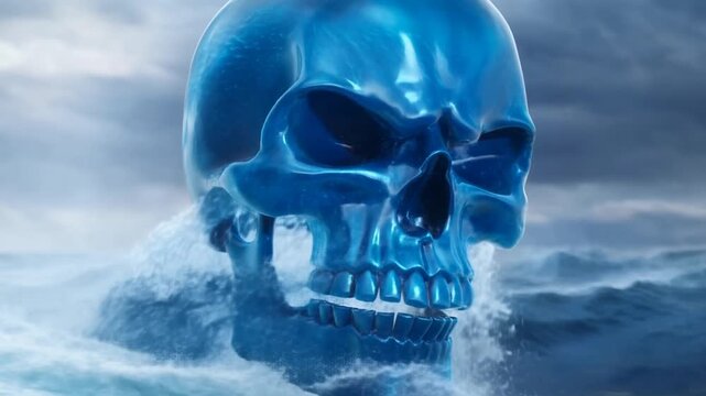 Blue skull turns toward the viewer amid crashing ocean waves and sea spray