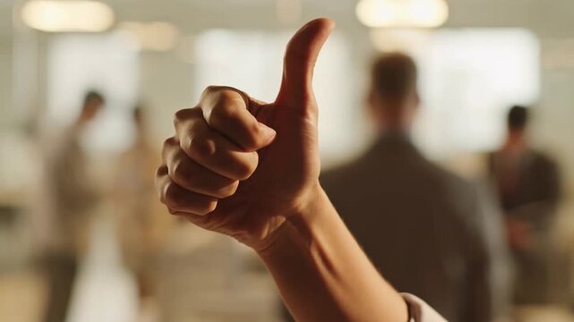Raised index finger in foreground as business gather in a bright office