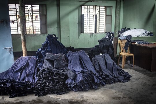 Freshly dyed jeans in a denim dye house, Dhaka, Bangladesh