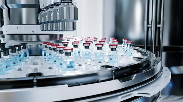 Automated Vaccine Vial Production Line in Sterile Pharmaceutical Manufacturing Facility With Robotic Filling Equipment