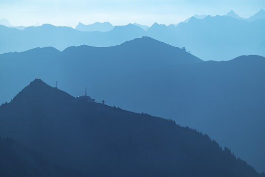 Summit station of the Diedamskopf Bahn at the blue hour with the Allg&auml;u Alps behind, Schoppernau, Bregenzerwald, Vorarlberg, Austria
