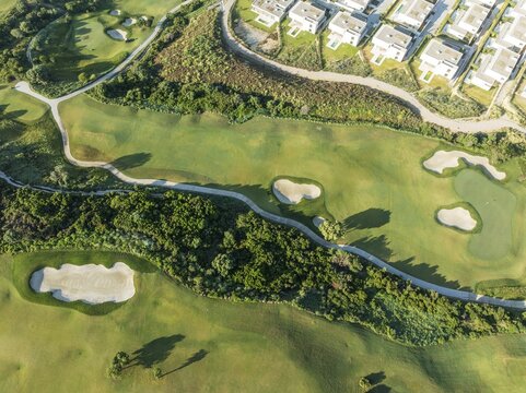 Partial view of the La Hacienda Links Golf Resort and the Fairmont La Hacienda hotel. Aerial view. Drone shot. C&aacute;diz province, Andalusia, Spain