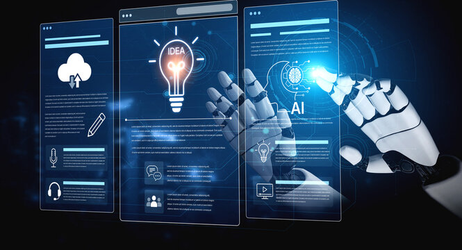 A robotic hand interacts with a high-tech interface showcasing concepts of artificial intelligence, creativity, and cloud technology in a modern virtual environment. Nascent
