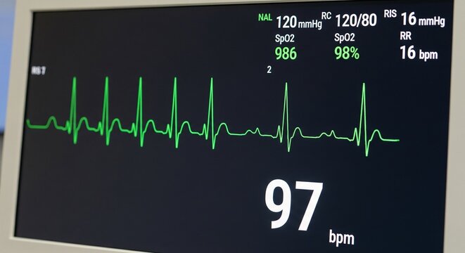 Medical monitor screen showing green ECG waveform and vital sign readings