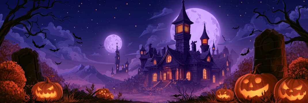 halloween background with pumpkins and haunted house