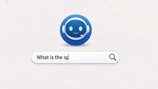 Three dimensional cute blue customer support robot head above ask ai search input bar
