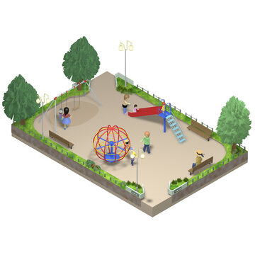 【アイソメトリック素材】児童公園・長方形　透明PNG　人物あり