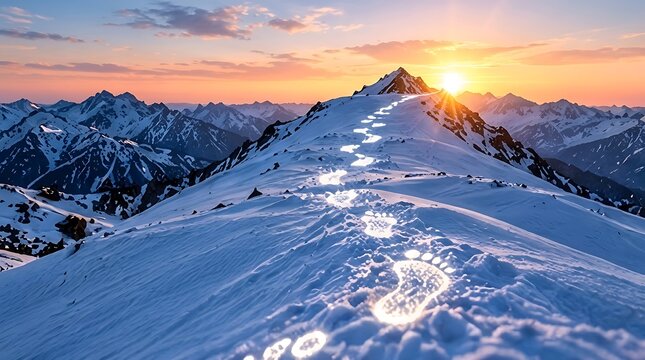Glowing Barefoot Footprints Leading to a Snowy Mountain Peak at Sunset, a Conceptual Representation of Success, Discovery, and Spiritual Journey in a Majestic Winter Landscape at Dawn.