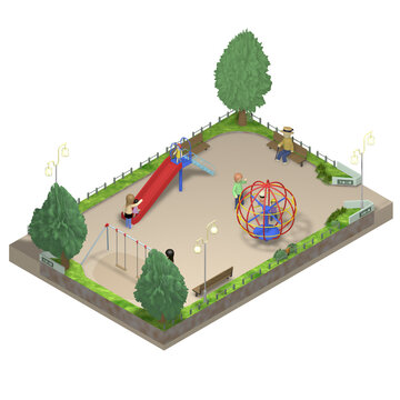 【アイソメトリック素材】児童公園・長方形　透明PNG　人物あり
