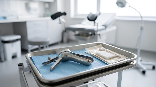 Medical Speculum and Sterile Supplies on Surgical Tray in Modern Gynecology Clinic