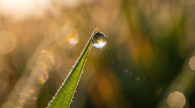 Macro Dewdrop on Green Grass Blade Glowing in Warm Golden Sunrise Light