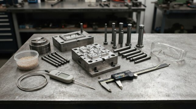 Mold inserts, ejector pins, caliper, temperature probe, polymer pellets and safety goggles arranged on a workbench for plastic injection molding