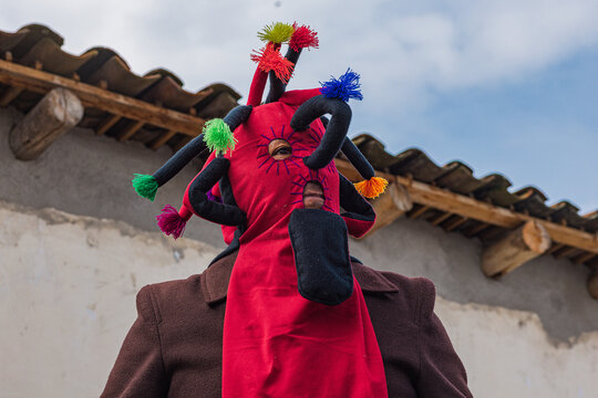 Portrait of man wearing traditional colorful Aya Huma mask during Andean festival in Ecuador
