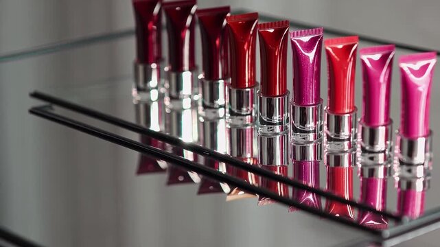 Assorted cosmetic lip gloss tubes rest in straight line over glass plate. Sleek beauty makeup assortment features colorful red and pink hues suitable for stylish beauty branding display.