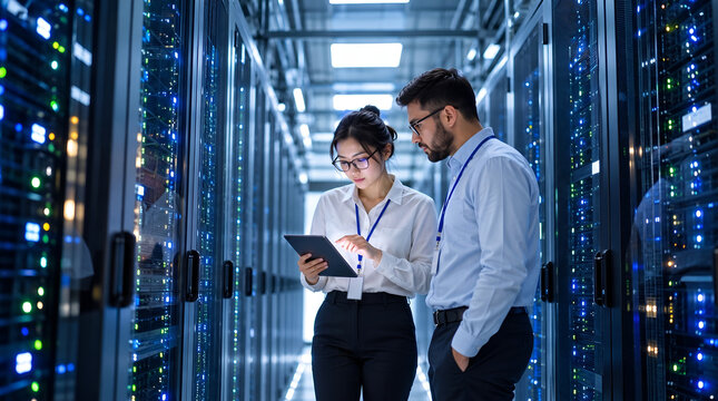 IT professionals working with a tablet computer inside a secure server room data center infrastructure monitoring network hardware operations maintenance and cloud computing security system