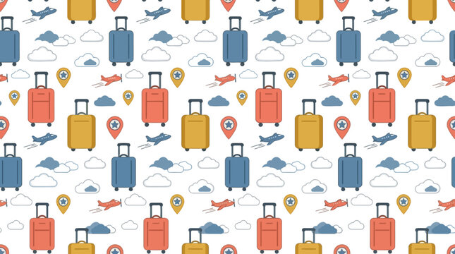 Seamless Travel Pattern: Suitcases, Airplanes, Clouds, and Location Pins