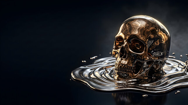 Golden skull emerging from liquid metal against a dark moody background, representing mortality and luxury.