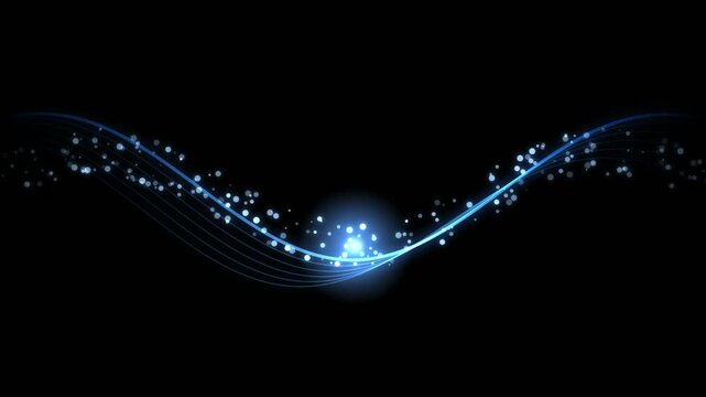 Blue light particles flow in waves against black background with cinematic motion