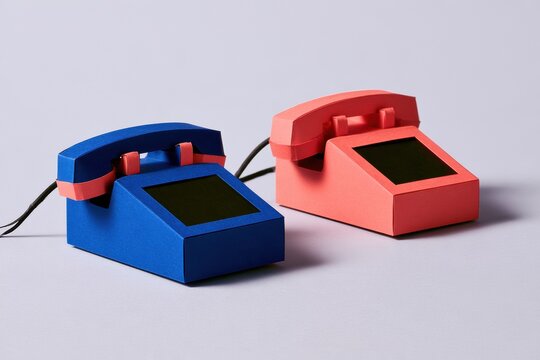 Two identical paper telephones show blank screens. One is made of solid cobalt layers, while the other has misaligned coral layers.