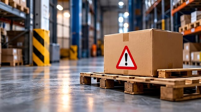 Industrial Cardboard Box on a Wooden Pallet with a Red Warning Triangle Symbol in a Large Modern Warehouse, Logistics and Safety Concept for Shipping and Handling Hazardous Materials