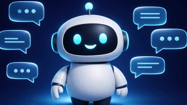 Three dimensional cute white robot mascot with headphones waving surrounded by blue speech bubbles