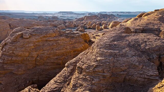 Vast yardang landform stretches under warm late afternoon sunlight in Grand Dahaidao desert near Hami city, Xinjiang province, China.