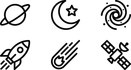 Minimalist outer space planet rocket comet satellite linear icon collection for astronomy science vector © Bahadur