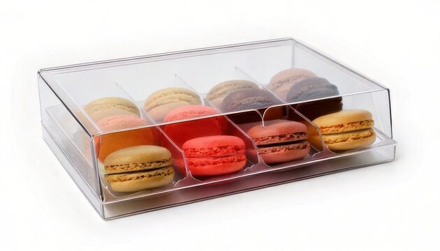 Colorful Macarons in a Clear Display Case on White.
