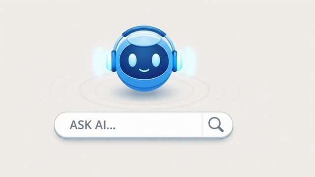 Blue robot avatar head floating above text search input field on clean white background