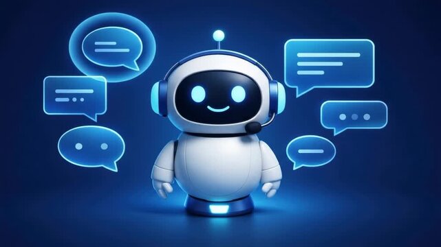 Friendly three dimensional white robot wearing headset waving hand beside digital speech bubbles