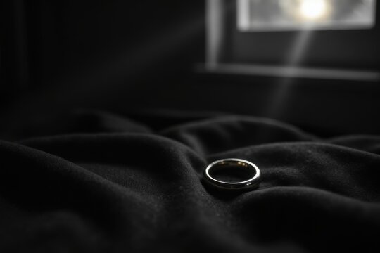 Silberner Ring auf schwarzem Samt im schwachen Fensterlicht als Symbol f&uuml;r Trauer und Verlust