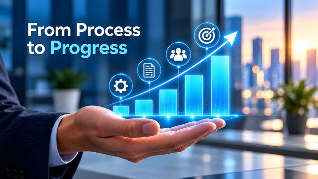 Business process improvement from planning to measurable progress with rising performance chart teamwork and strategic goals