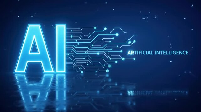Glowing neon blue AI lettering with printed circuit board traces and artificial intelligence text