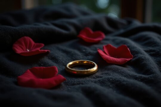 Goldener Ring zwischen roten Rosenbl&auml;ttern auf schwarzem Samt als Zeichen von Trauer und Erinnerung