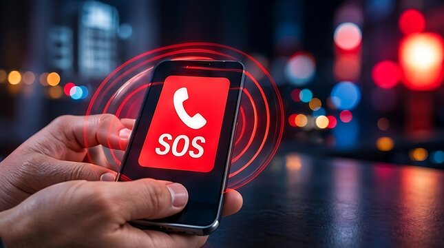 Smartphone displaying SOS emergency button with red alert signals on screen held by hands against a blurry night city background, representing mobile safety, urgent help, and digital rescue.