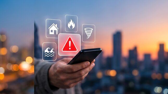 Smartphone Screen Displaying Emergency Disaster Alert System Icons for Fire Tornado and Flood Warning over Blurred City Sunset Background Representing Public Safety and Digital Technology